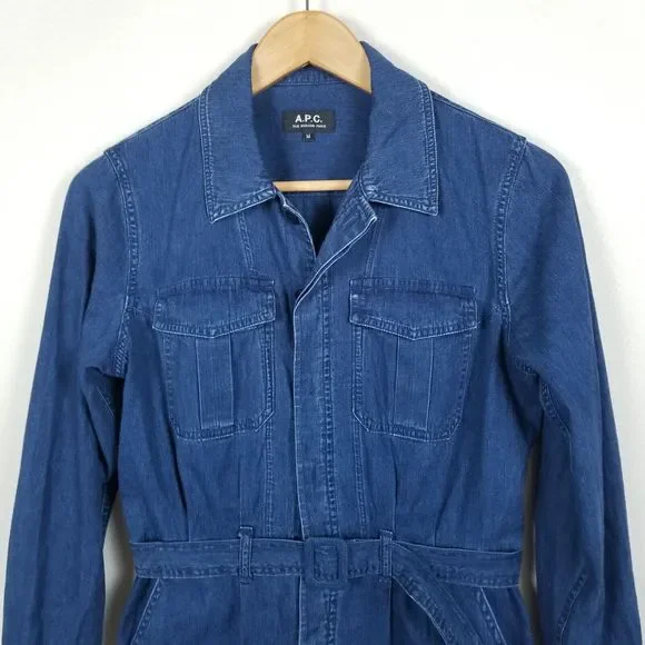 A.P.C. Indigo Chambray Denim Minimalist Cotton Knee Length Belted Shirt Dress M - Picture 9 of 13